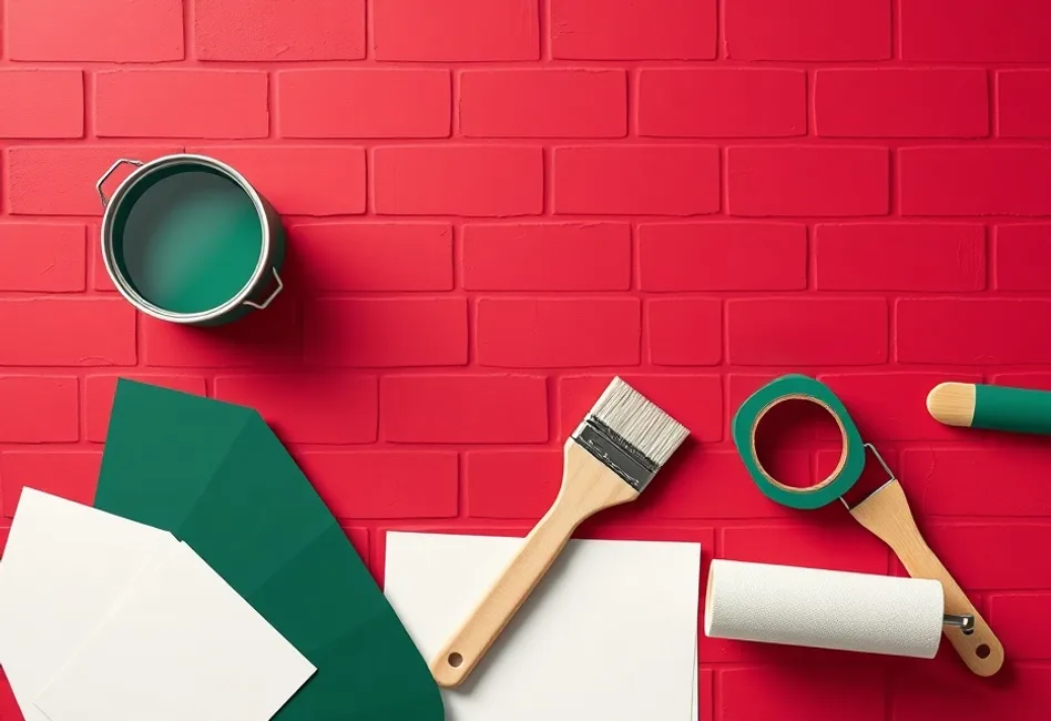 Pots de peinture, nuancier, brosses et rouleaux disposés à plat