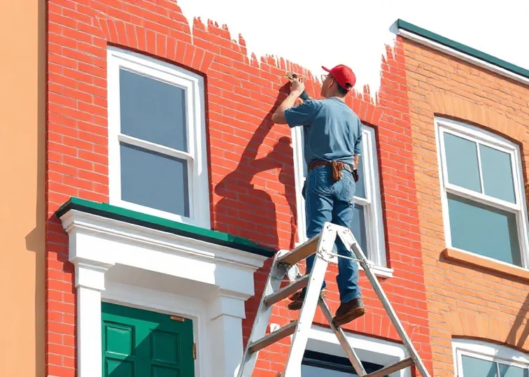 Peintre sur échafaudage traitant la façade d'une maison